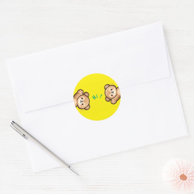 Cute Bear Hi Stickers | Kawaii Round Stickers (Envelope)