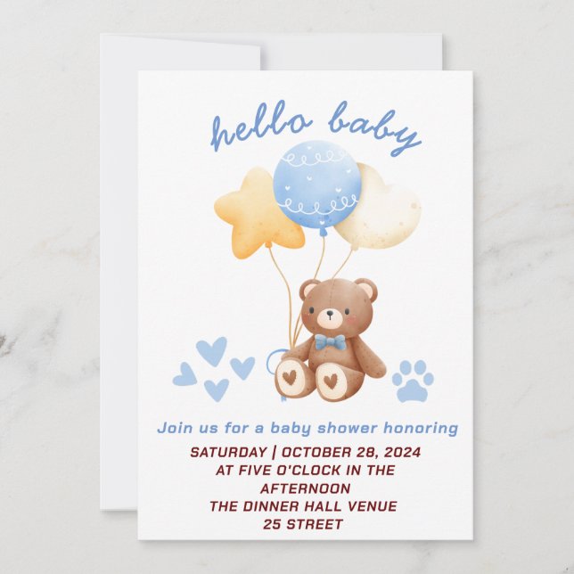Cute bear holding a balloon invitation (Front)