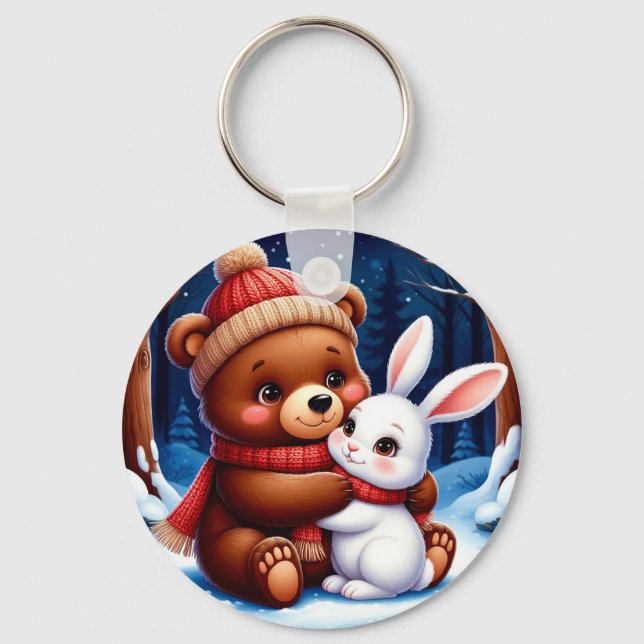 Cute Bear Holding Bunny Key Ring (Front)