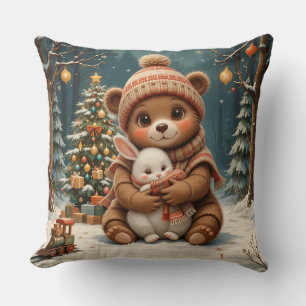 Cute Bear Holding Bunny Near Christmas Tree Cushion