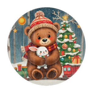 Cute Bear Holding Bunny Near Christmas Tree Cutting Board