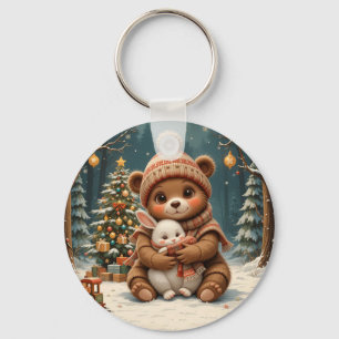 Cute Bear Holding Bunny Near Christmas Tree Key Ring