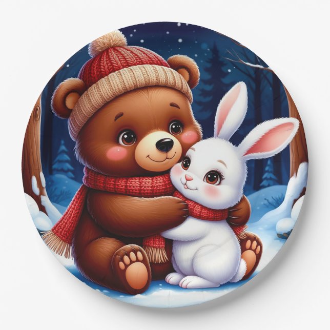 Cute Bear Holding Bunny Paper Plate (Front)