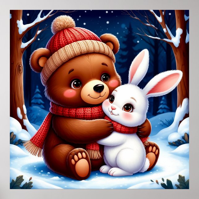 Cute Bear Holding Bunny Poster (Front)