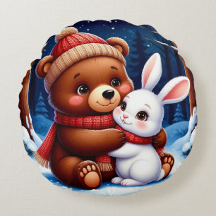 Cute Bear Holding Bunny Round Cushion