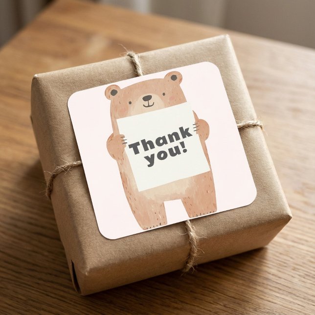 Cute Bear Holding name or message Sign pink Square Sticker (Cute Bear Holding name or message Sign pink Square Sticker.)