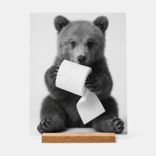 Cute Bear Holding Toilet Paper Funny Minimalist Acrylic Sign