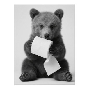 Cute Bear Holding Toilet Paper Funny Minimalist Poster