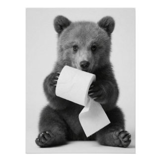 Cute Bear Holding Toilet Paper Funny Minimalist Poster