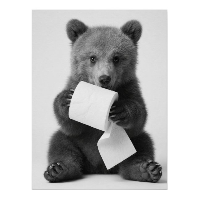 Cute Bear Holding Toilet Paper Funny Minimalist Poster (Front)
