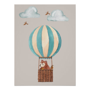Cute Bear Hot Air Balloon Illustration Poster
