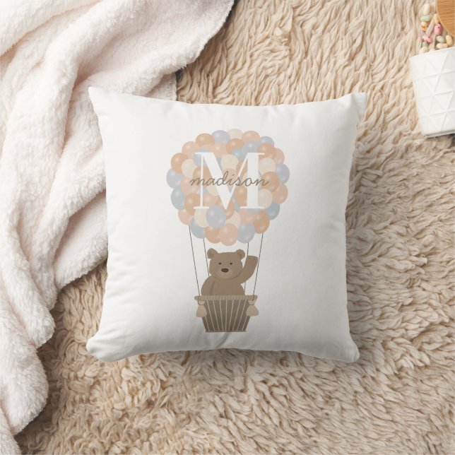 Cute Bear Hot Air Balloons Monogram Gender Neutral Cushion (Blanket)