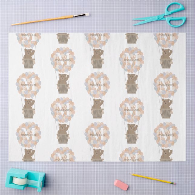 Cute Bear Hot Air Balloons Monogram Gender Neutral Tissue Paper (Craft)