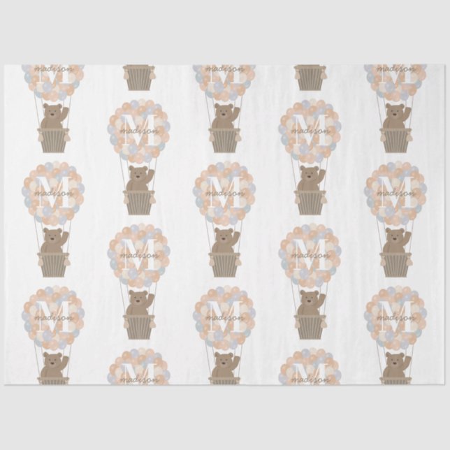 Cute Bear Hot Air Balloons Monogram Gender Neutral Tissue Paper (Front)