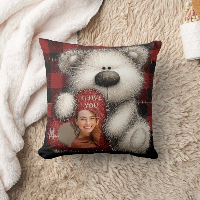 Cute Bear I Love You Custom Monogram Photo Cushion (Blanket)