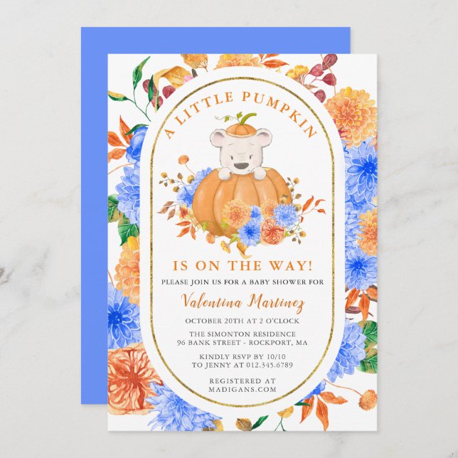 Cute Bear in a Pumpkin Boy Fall Baby Shower Invit Invitation (Front/Back)