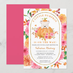 Cute Bear in a Pumpkin Girl Fall Baby Shower Invitation