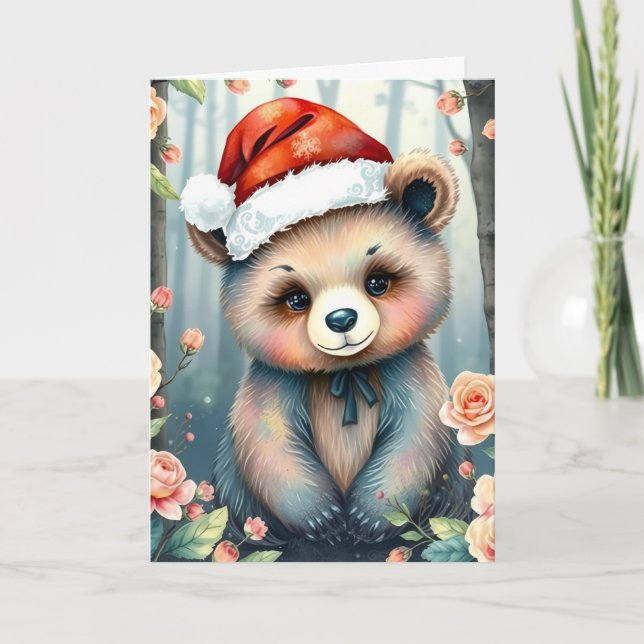 Cute Bear in Christmas hat Christmas card (Front)