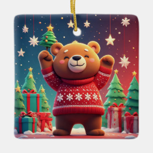 Cute Bear In Christmas Sweater Ceramic Ornament