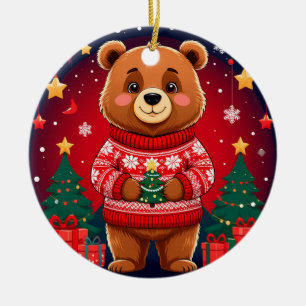 Cute Bear In Christmas Sweater Ceramic Tree Decoration