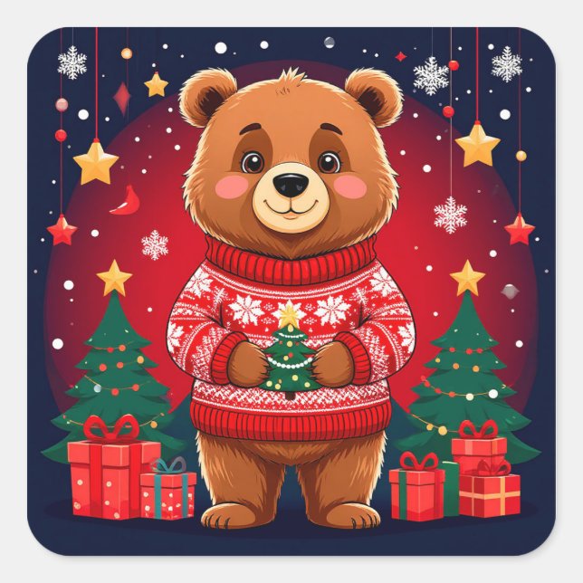 Cute Bear In Christmas Sweater Square Sticker (Front)