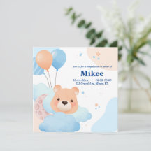 Cute Bear in Clouds Baby Shower Invitation Card
