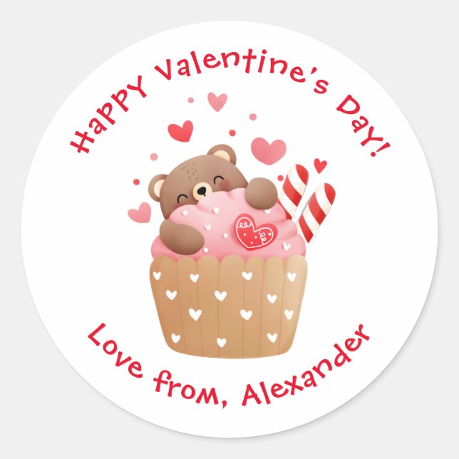 Cute Bear in Cupcake Custom Kids Valentine's Day Classic Round Sticker (Front)