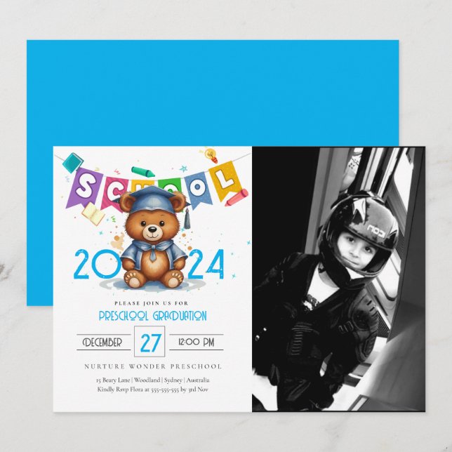 Cute bear Kindergarten Graduation Invitation (Front/Back)