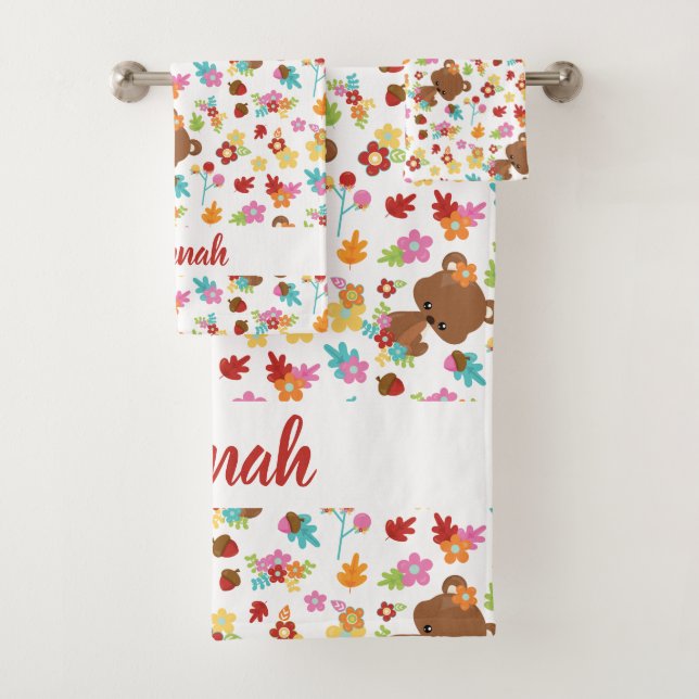 Cute Bear & leaves Baby Girl Personalised Name Bath Towel Set (Insitu)