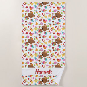 Cute Bear & leaves Little Girl Personalised Name Beach Towel