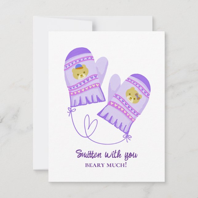 Cute Bear Love Purple Mittens Valentine's Day Card (Front)