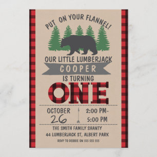 Cute Bear Lumberjack 1st Birthday Invitation