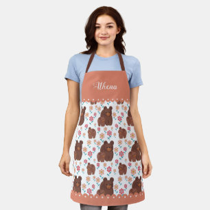 Cute bear mother with baby and flowers borders apron