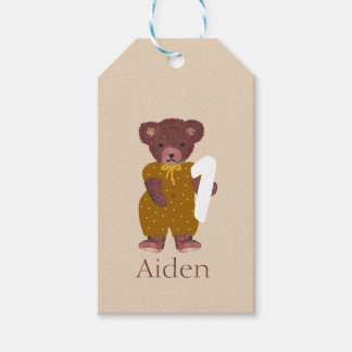 Cute Bear Name Neutral Beige First 1st Birthday Gift Tags