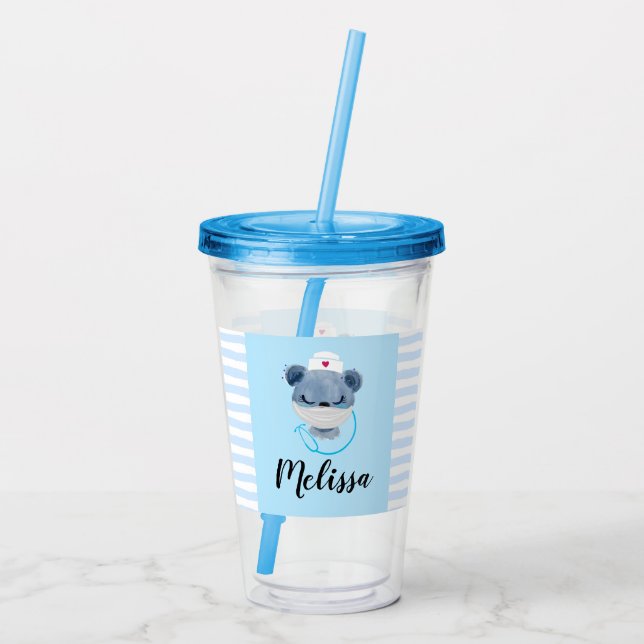 Cute Bear Nurse Wearing a Medical Mask Acrylic Tumbler (Back)