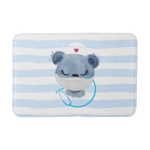 Cute Bear Nurse Wearing a Medical Mask Bath Mat