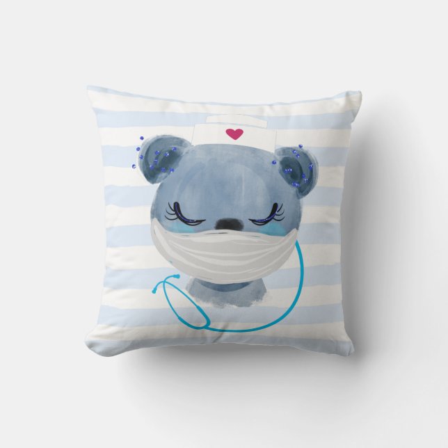 Cute Bear Nurse Wearing a Medical Mask Cushion (Front)