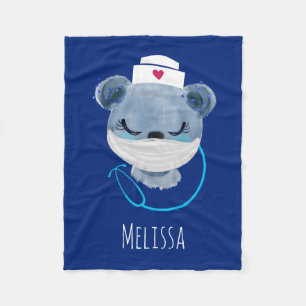 Cute Bear Nurse Wearing a Medical Mask Fleece Blanket