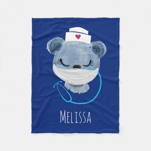 Cute Bear Nurse Wearing a Medical Mask Fleece Blanket (Front)