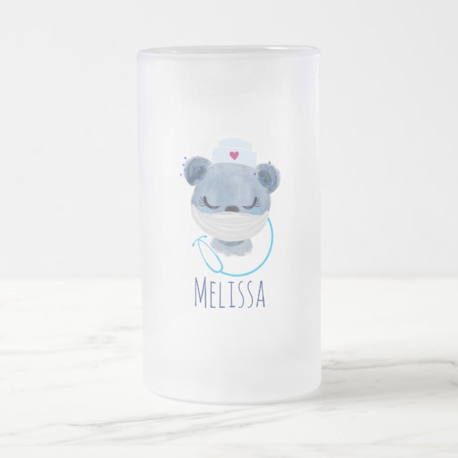 Cute Bear Nurse Wearing a Medical Mask Frosted Glass Beer Mug (Center)
