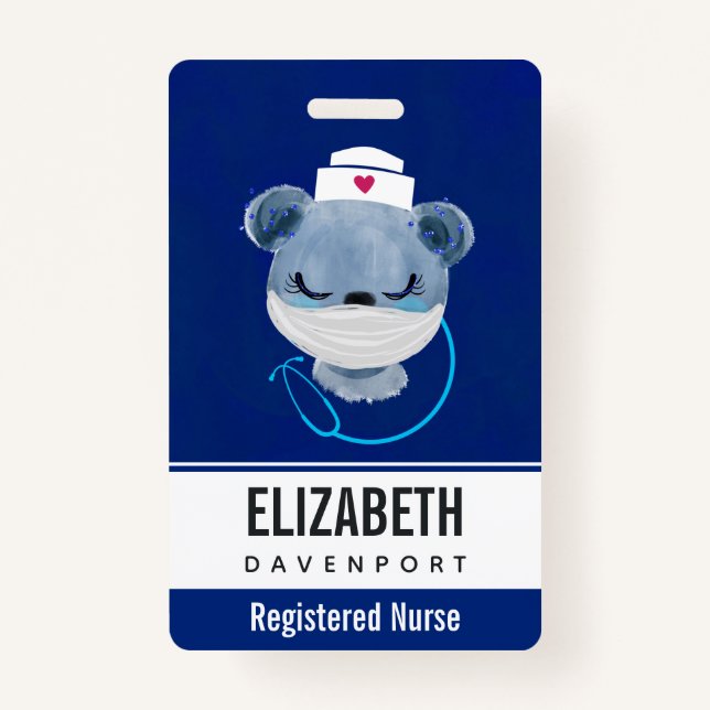 Cute Bear Nurse Wearing a Medical Mask ID Badge (Front)