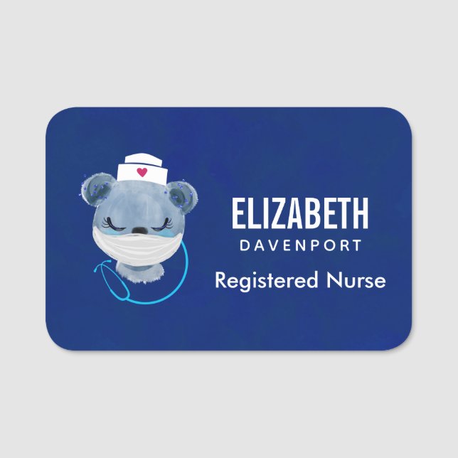 Cute Bear Nurse Wearing a Medical Mask Name Tag (Front)
