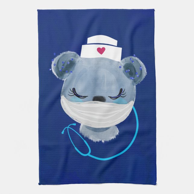 Cute Bear Nurse Wearing a Medical Mask Tea Towel (Vertical)