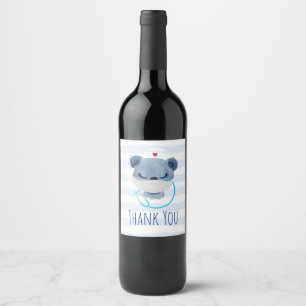 Cute Bear Nurse Wearing a Medical Mask Thank You Wine Label