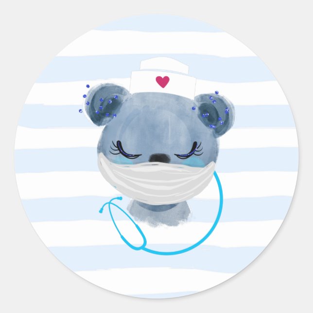 Cute Bear Nurse wearing a Protective Mask Classic Round Sticker (Front)