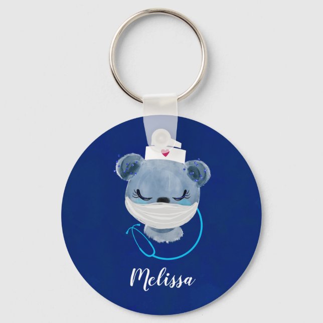 Cute Bear Nurse wearing a Protective Mask Key Ring (Front)