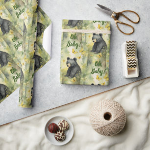 Cute Bear Oh Baby Neutral Baby Shower Wrapping Paper