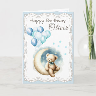 Cute Bear on the Moon Birthday Card for Boy