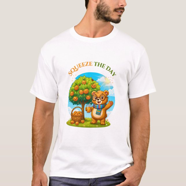 Cute Bear & Orange Tree - Squeeze The Day Illustra T-Shirt (Front)
