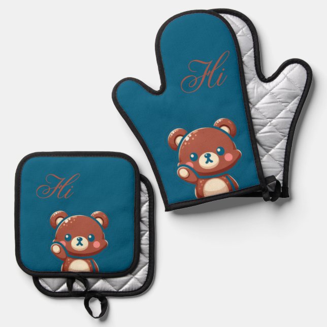 Cute Bear Oven Mitt and Pot Holder Set – Teal Blue (Front/Back)